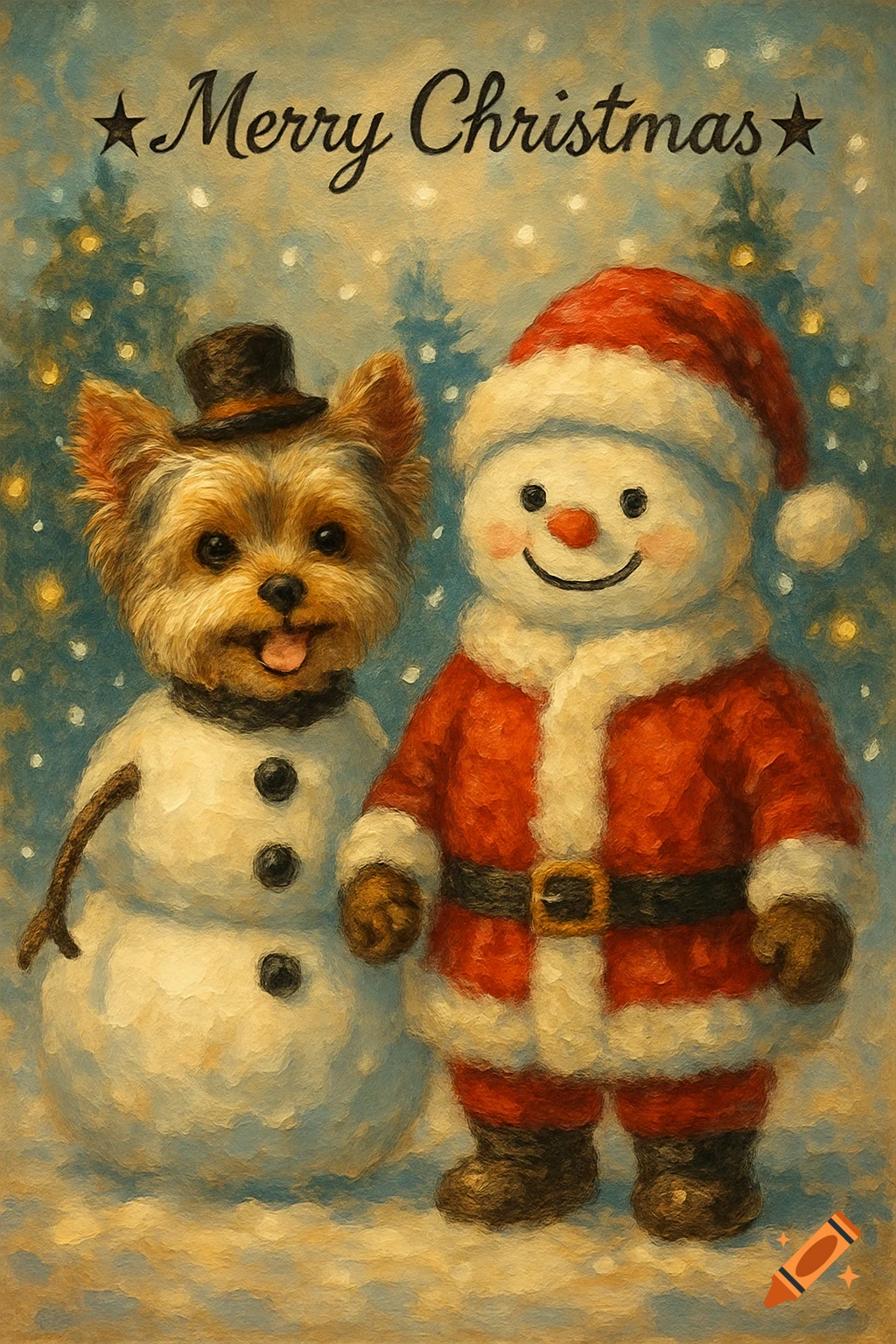 An oil painting of a Yorkshire Terrier in a top hat snowman costume next to a Santa snowman, smiling with 'Merry Christmas' above.