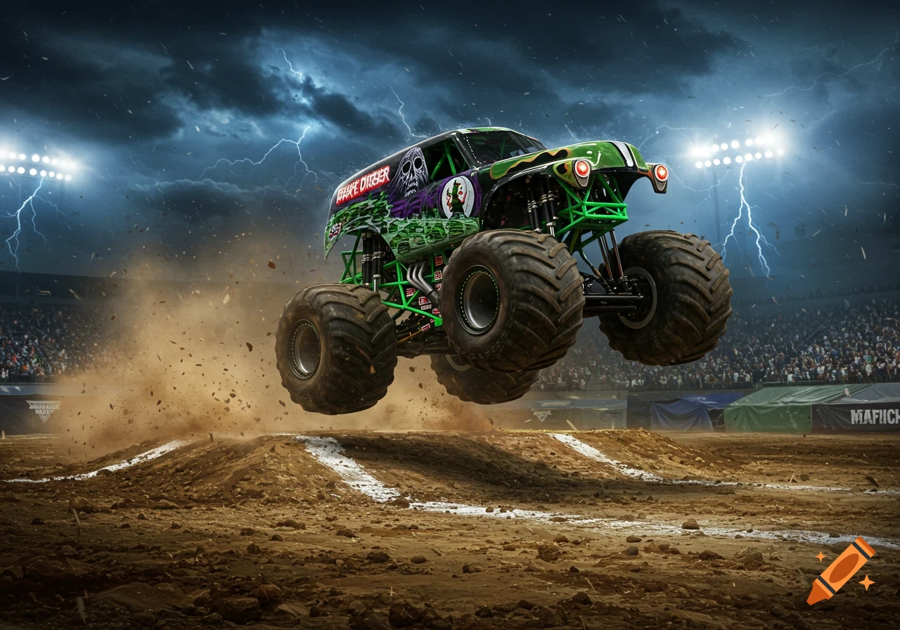 A green and black Grave Digger monster truck with skull graphics jumps over a dirt track in a stadium under a stormy, lightning-filled sky.