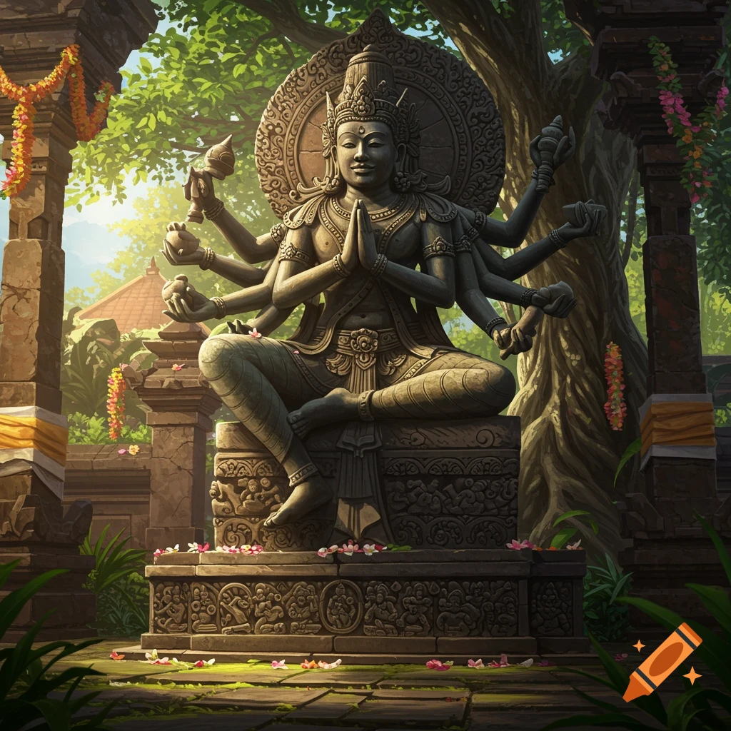 Stone sculpture of a multi-armed Hindu god meditating in a lush, ancient temple setting.