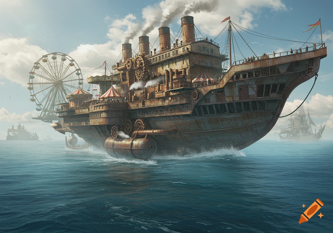 A huge, rusty steampunk carnival ship with a Ferris wheel, carousel, gears, and smoking funnels sails on a blue ocean under a cloudy sky.