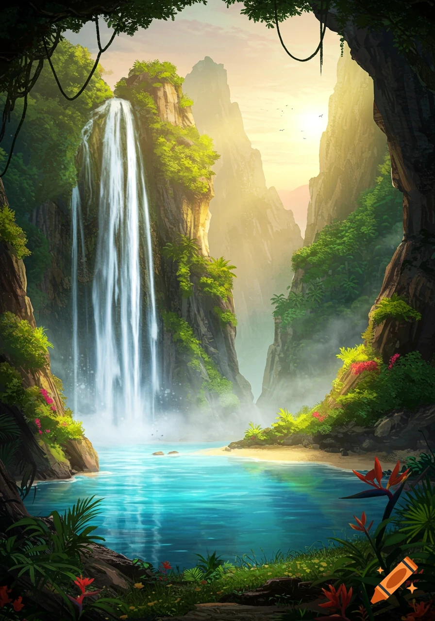 A vibrant fantasy landscape depicting a tall waterfall cascading into a turquoise lake, surrounded by lush green mountains and tropical foliage at sunset.