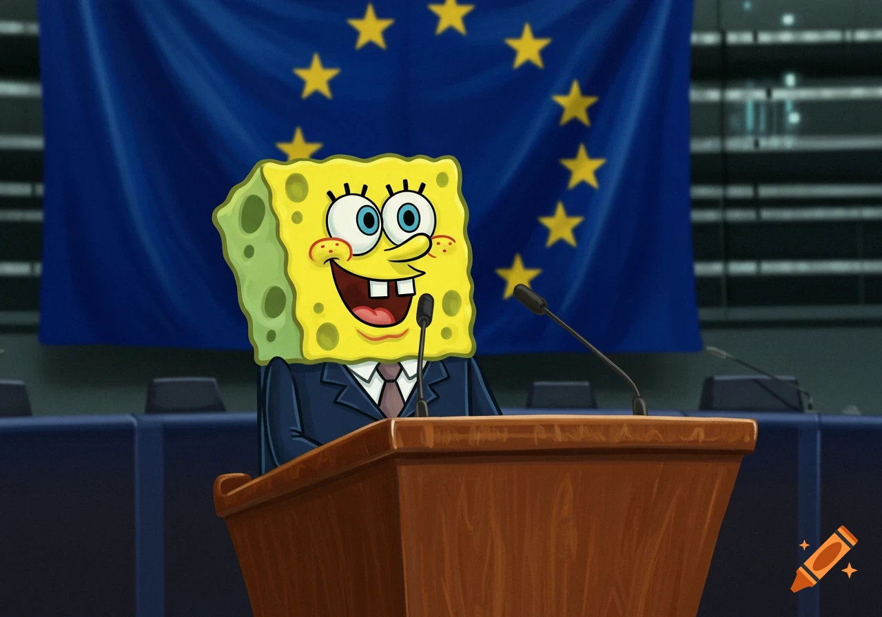 Spongebob Squarepants in a suit at a podium, speaking in front of a European Union flag in a cartoon style.