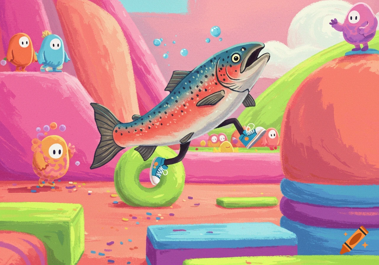 A salmon with legs and blue sneakers runs across a colorful, crayon-style Fall Guys obstacle course, surrounded by Fall Guys characters.
