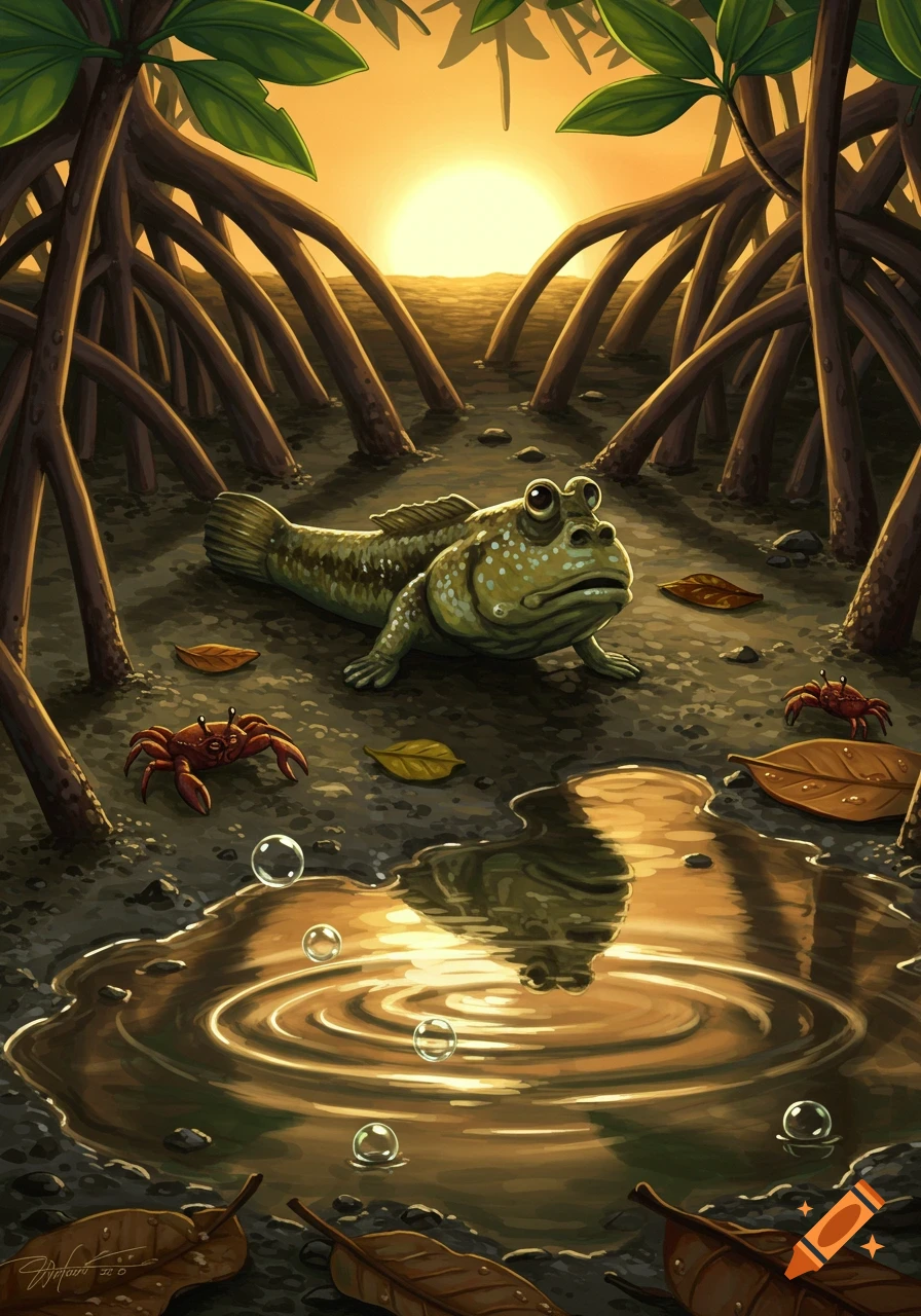 An illustration of a mudskipper and crabs in a mangrove swamp at sunset, with golden light reflecting in a puddle.