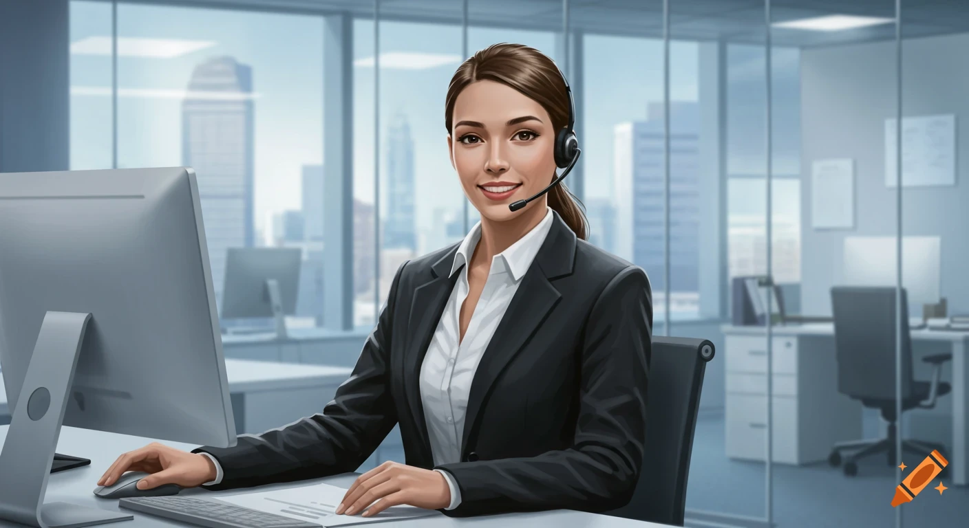A smiling young woman in a black suit and white shirt wears a headset and uses a computer in a modern office with large windows.