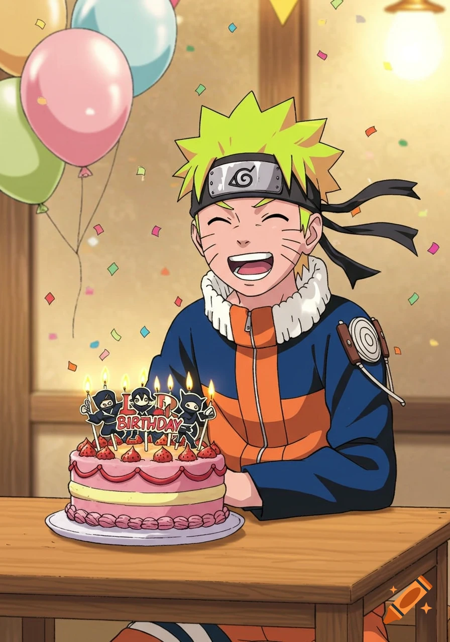 Naruto Uzumaki smiles brightly behind a pink birthday cake with ninja candles, confetti, and balloons in manga style.