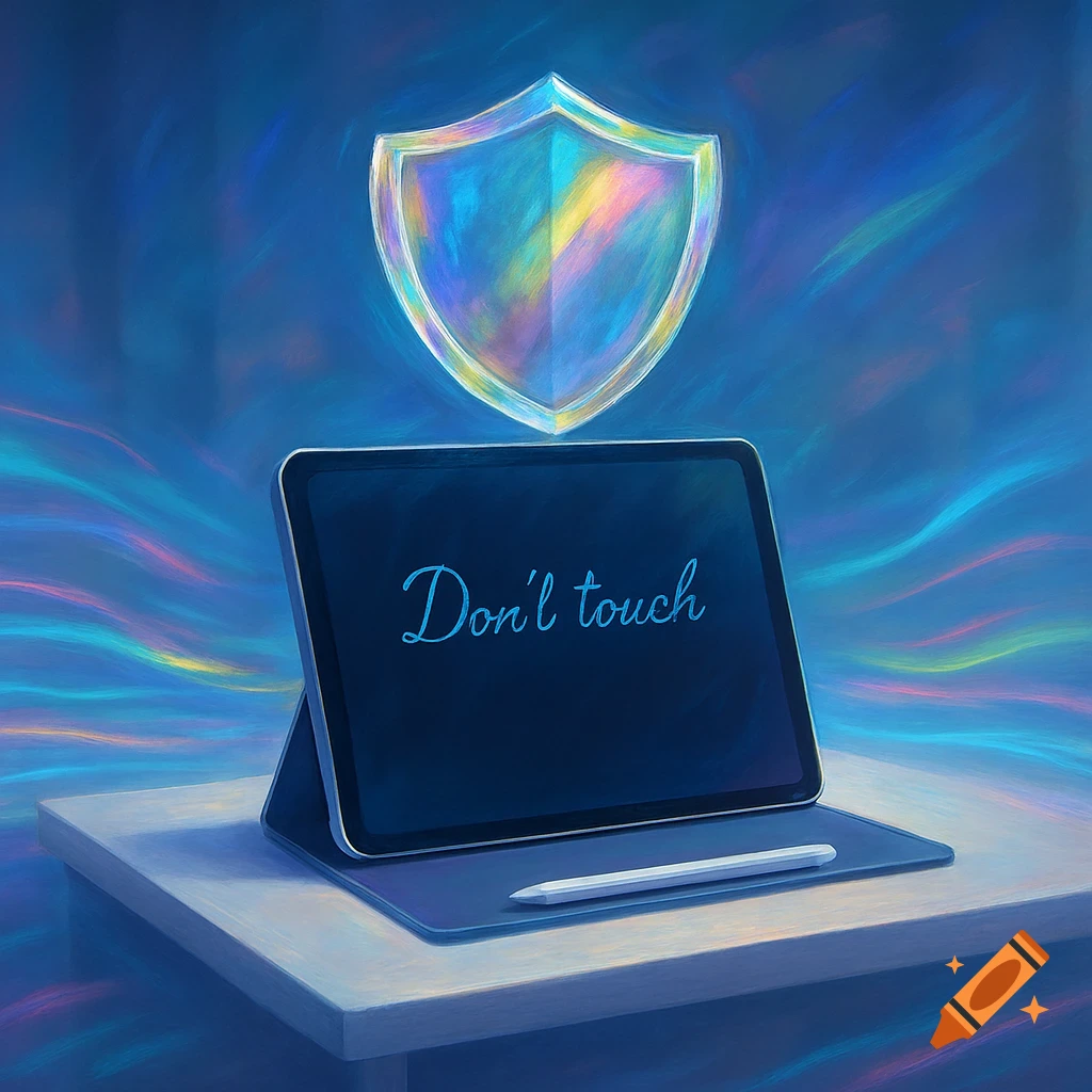A stylized digital painting of a tablet displaying 'Don't touch' beneath a shimmering shield, with a stylus on a table.