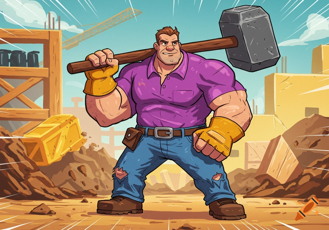 A muscular cartoon man in a purple shirt and blue jeans holds a giant hammer on his shoulder at a construction site.