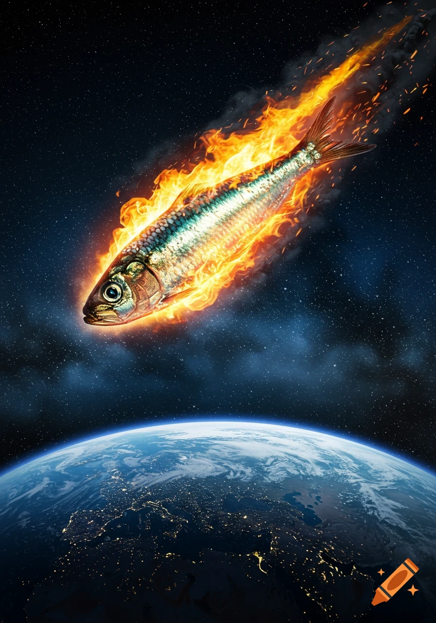 A large, flaming sardine-like fish streaks through space towards Earth, resembling a fiery meteor.