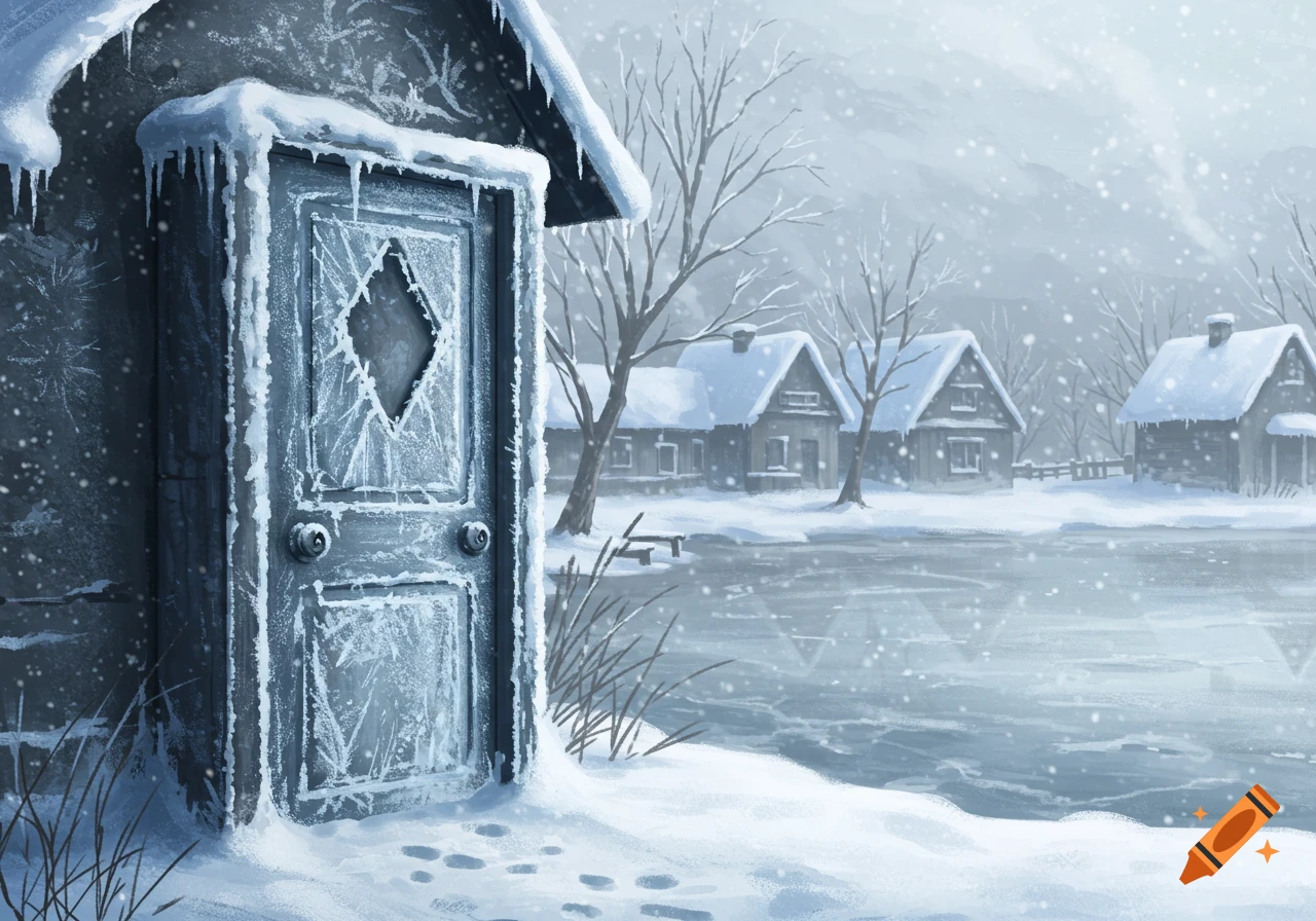 A snow-covered door on a cabin in a frosty village, overlooking a frozen lake surrounded by trees in winter, digital art.