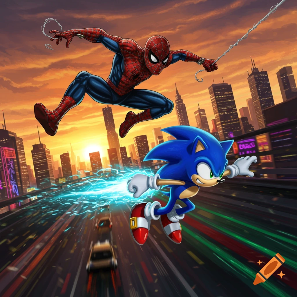 Spider-Man swings above a city street as Sonic the Hedgehog races forward, leaving a blue energy trail against an orange sunset.