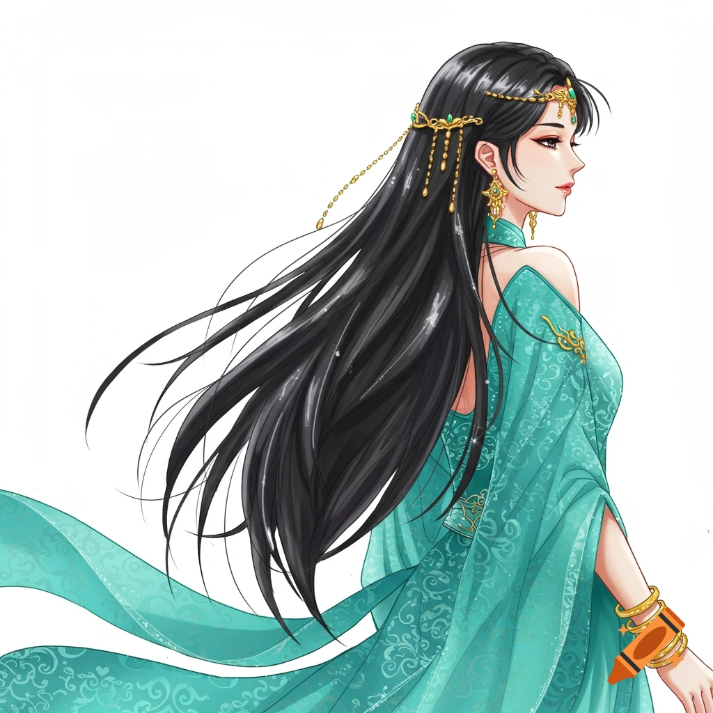 Fantasy illustration of a young woman with long black hair, a jeweled headpiece, an elegant turquoise dress, and gold jewelry.