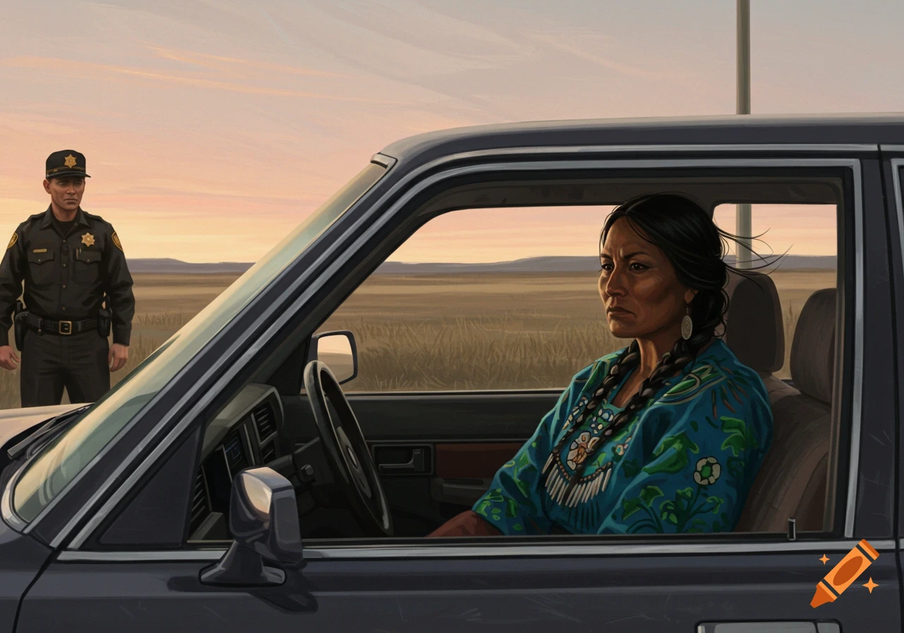 An indigenous woman with braids sits in a car, looking out, while a police officer stands by the driver's side in a desert landscape illustration.