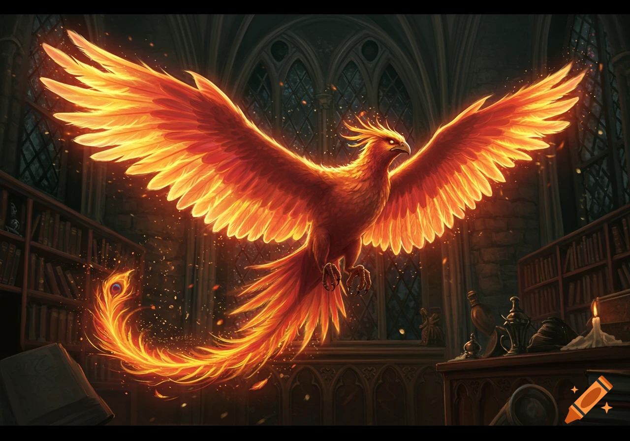 A majestic fiery phoenix with outstretched glowing wings flies through a dark, ornate library, shedding embers.