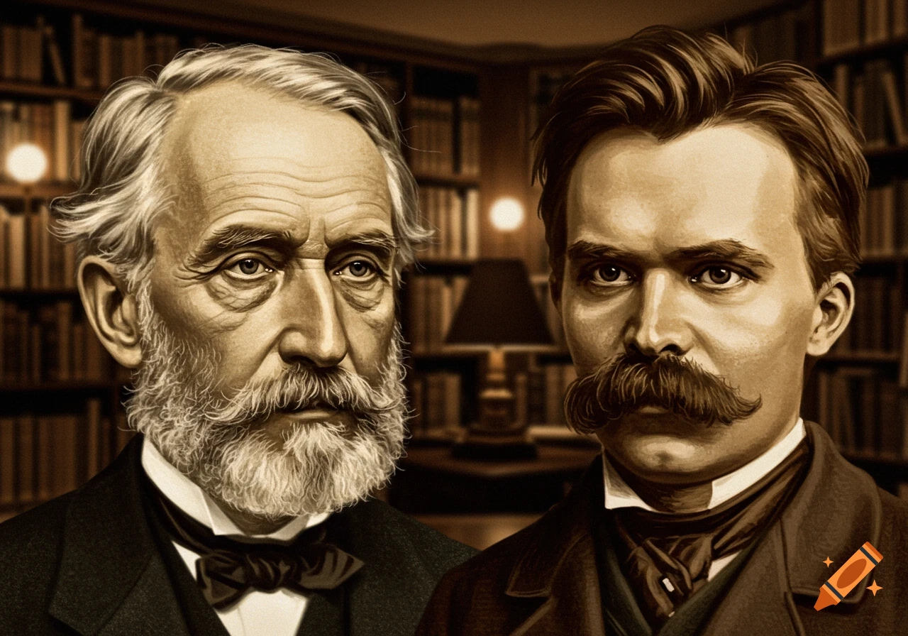 Sepia illustration of Ludwig von Mises and Friedrich Nietzsche, both with beards, against a library background.