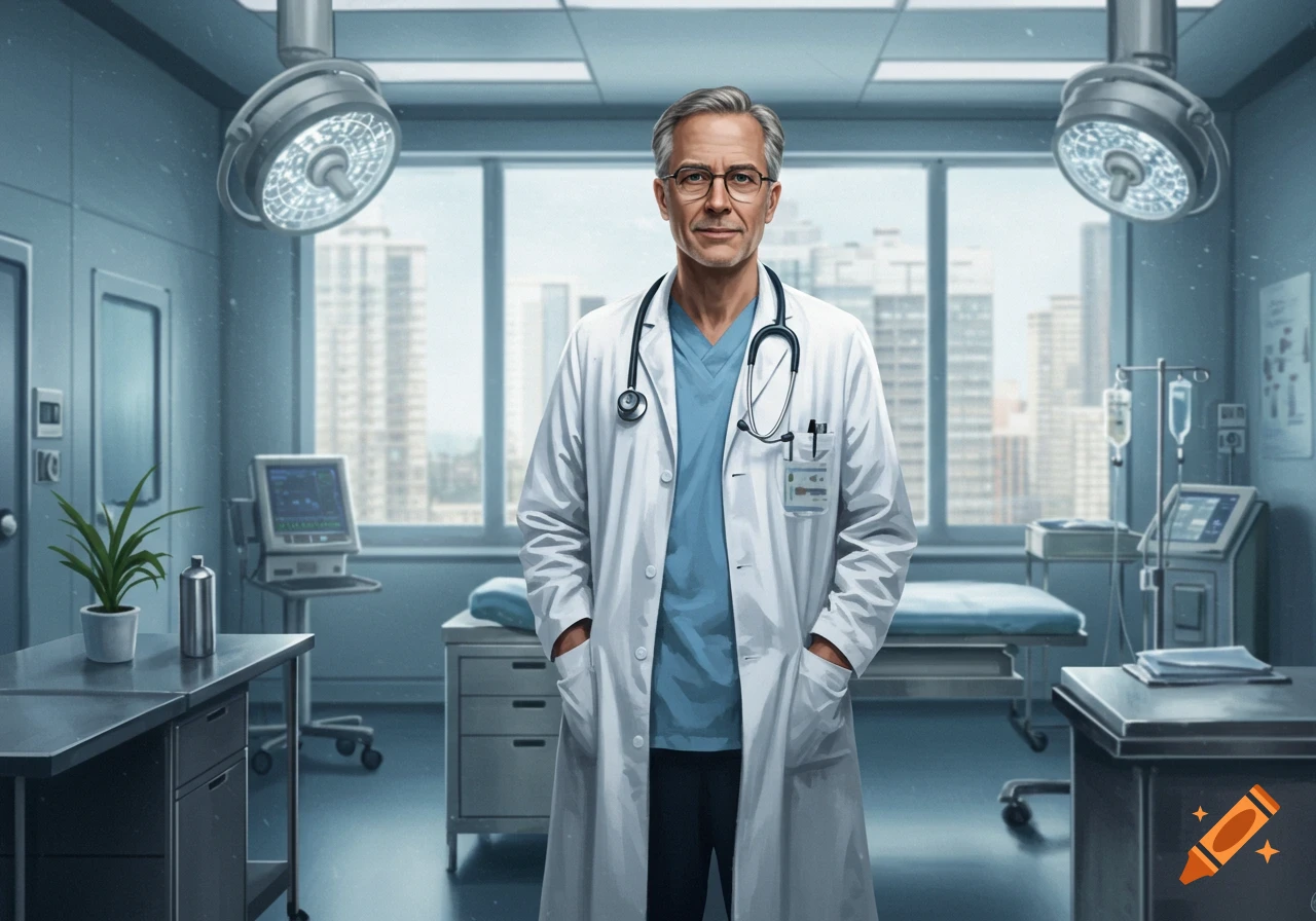 A male doctor in a white lab coat and stethoscope stands confidently in a modern hospital room with large windows.