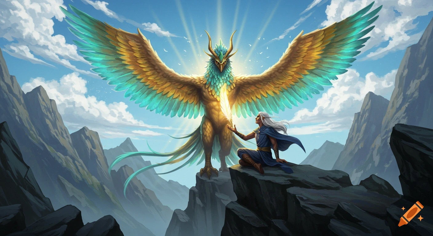 A white-haired hero, Zal, sits on a cliff as a giant golden and turquoise Simurgh bird offers him a glowing feather. Majestic fantasy illustration.