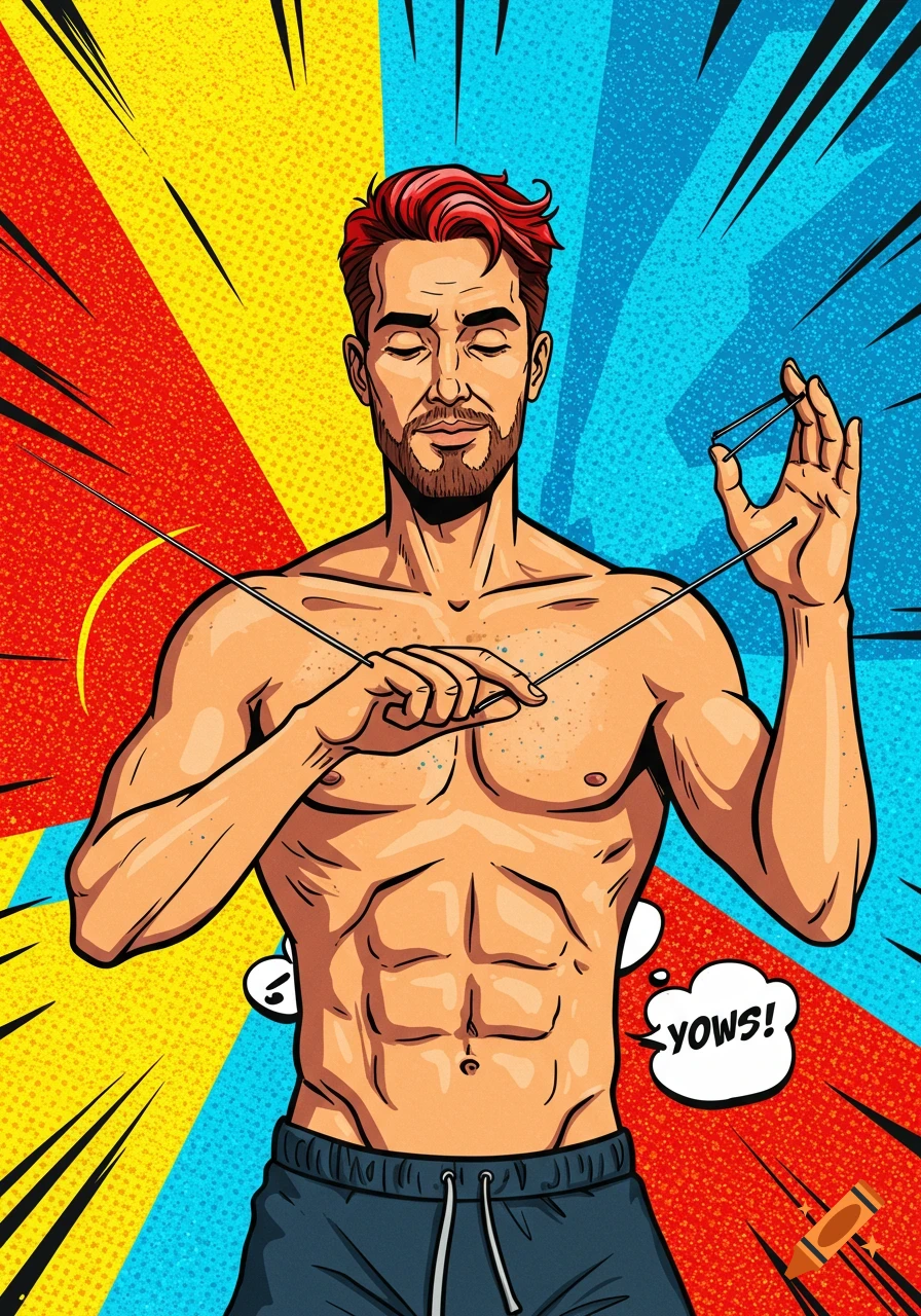 Pop art illustration of a shirtless man with red hair doing median nerve flossing, with 'YOWS!' in a speech bubble.