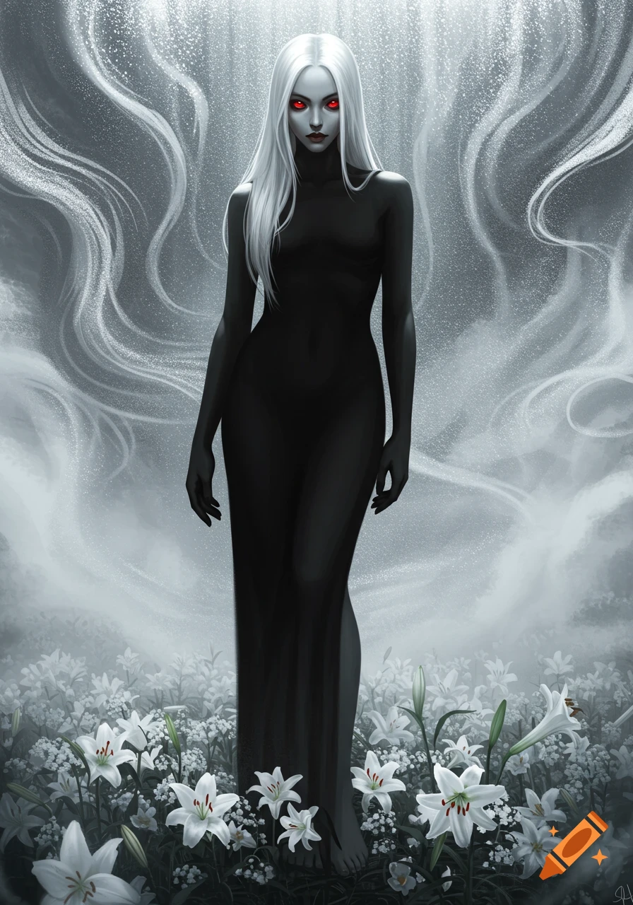 A tall woman with silver hair, red eyes, and pale skin, wearing a black dress and standing barefoot in a field of white lilies amidst a misty, ethereal background.