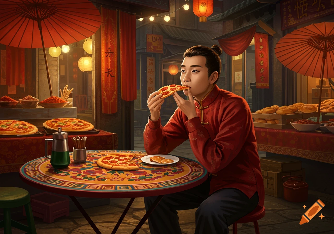 A Chinese man in a red top sits at a colorful table eating a slice of pizza in a bustling Asian street market at night.