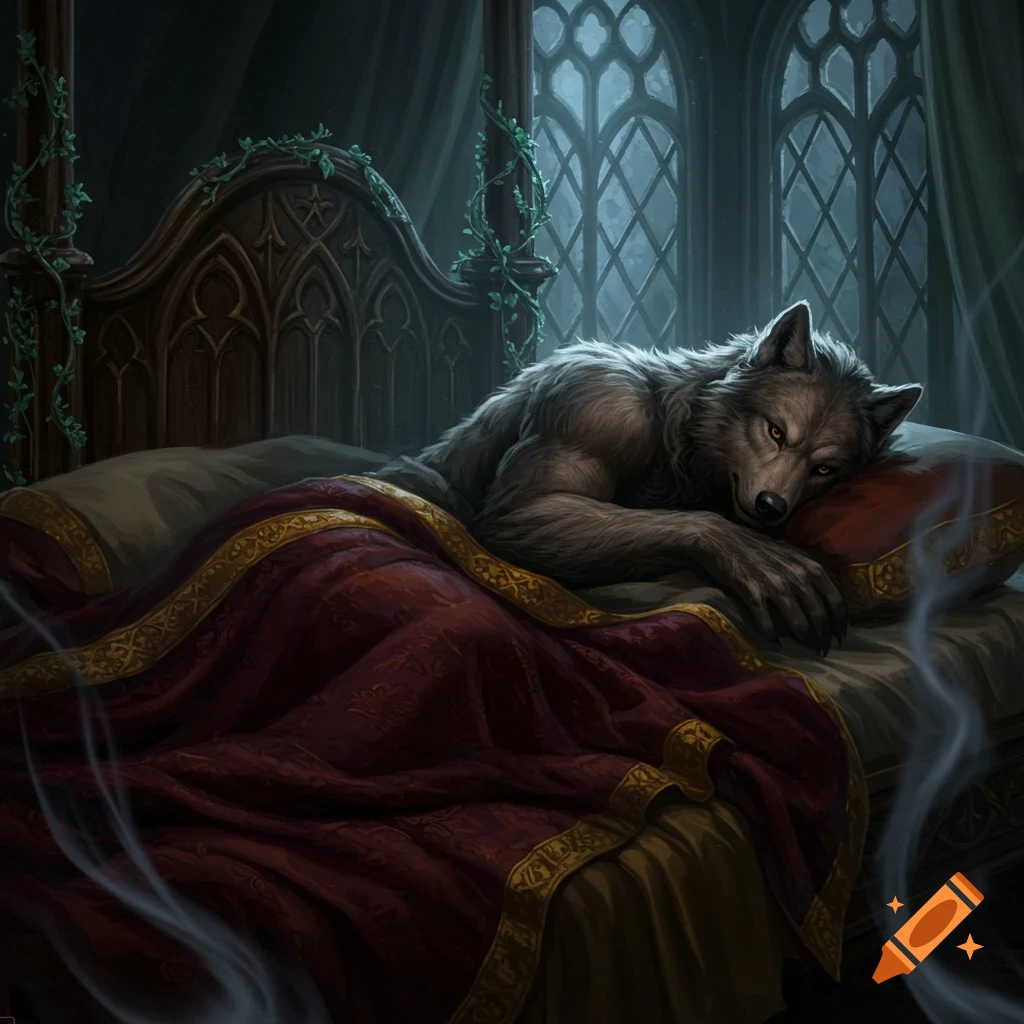A gray werewolf with glowing orange eyes sleeps peacefully on a grand bed with red and gold blankets in a dimly lit gothic room.