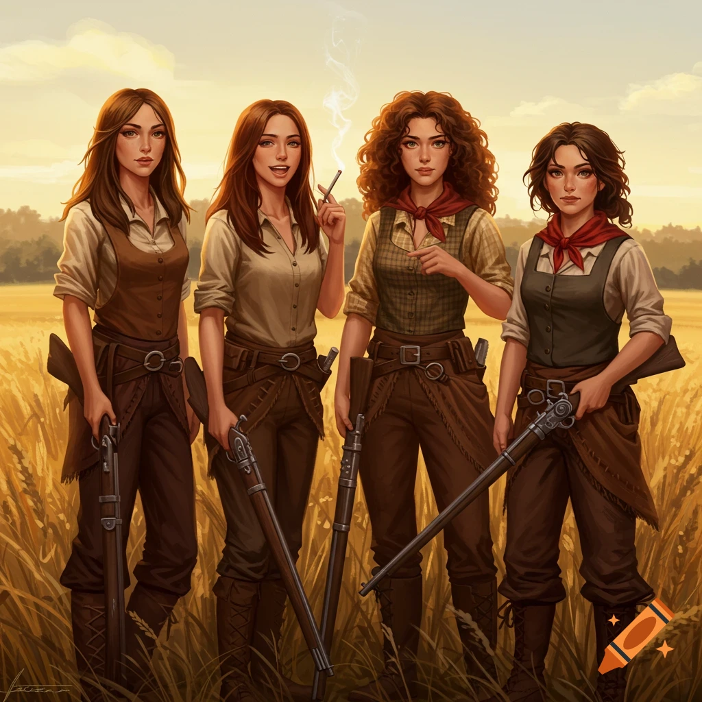 Four women in pioneer-style brown clothing hold rifles in a golden wheat field at sunset, digital painting.