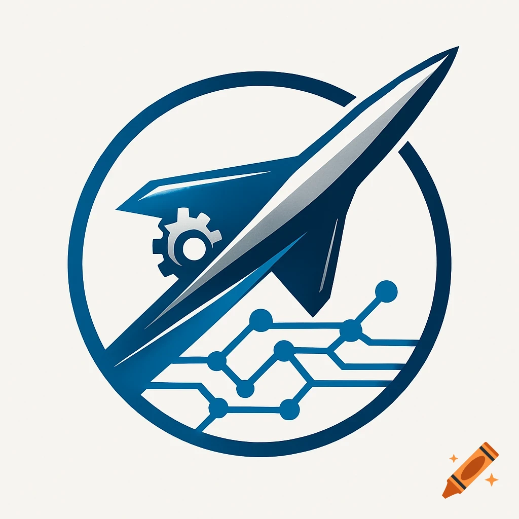 A blue and silver rocket ascending within a circular logo, featuring a gear and circuit board pattern.