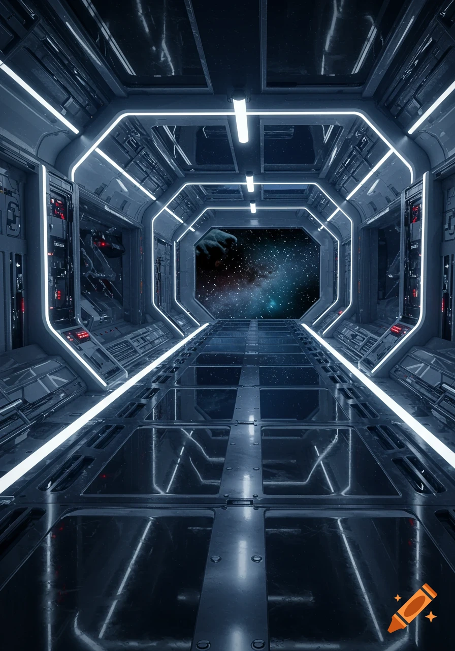 A futuristic, neon-lit sci-fi spaceship hallway looking out into a starry galaxy.