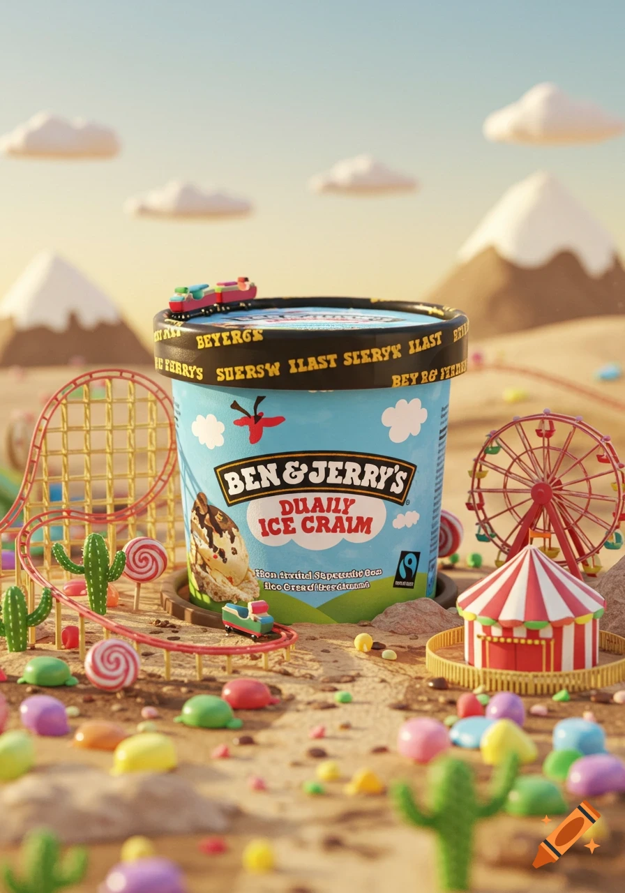A Ben & Jerry's ice cream tub sits in a whimsical desert landscape with miniature roller coasters, a Ferris wheel, candy, and cacti.
