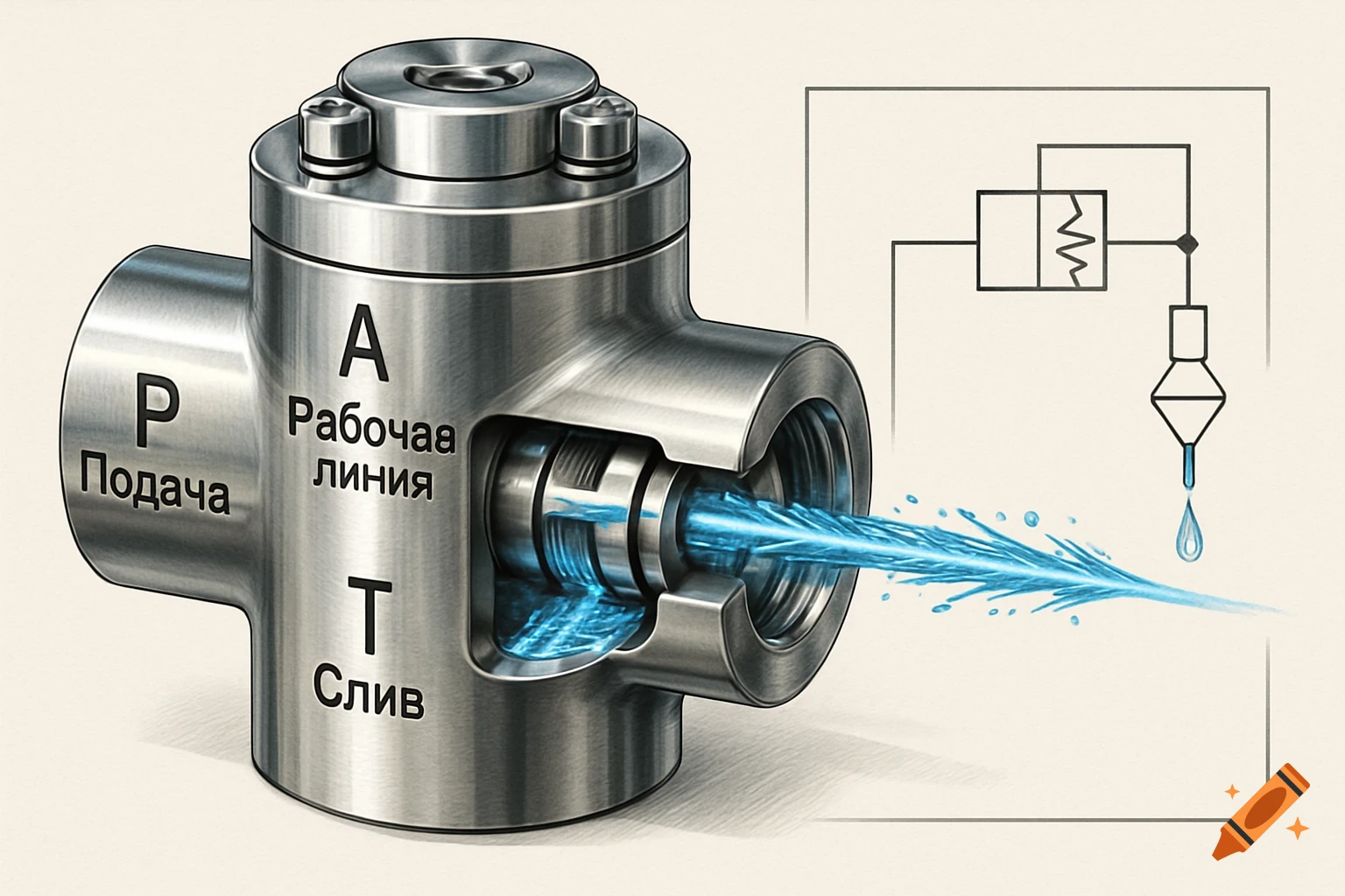 Photorealistic technical illustration of a stainless steel three-way control valve with high-pressure water flow and a hydraulic circuit diagram.