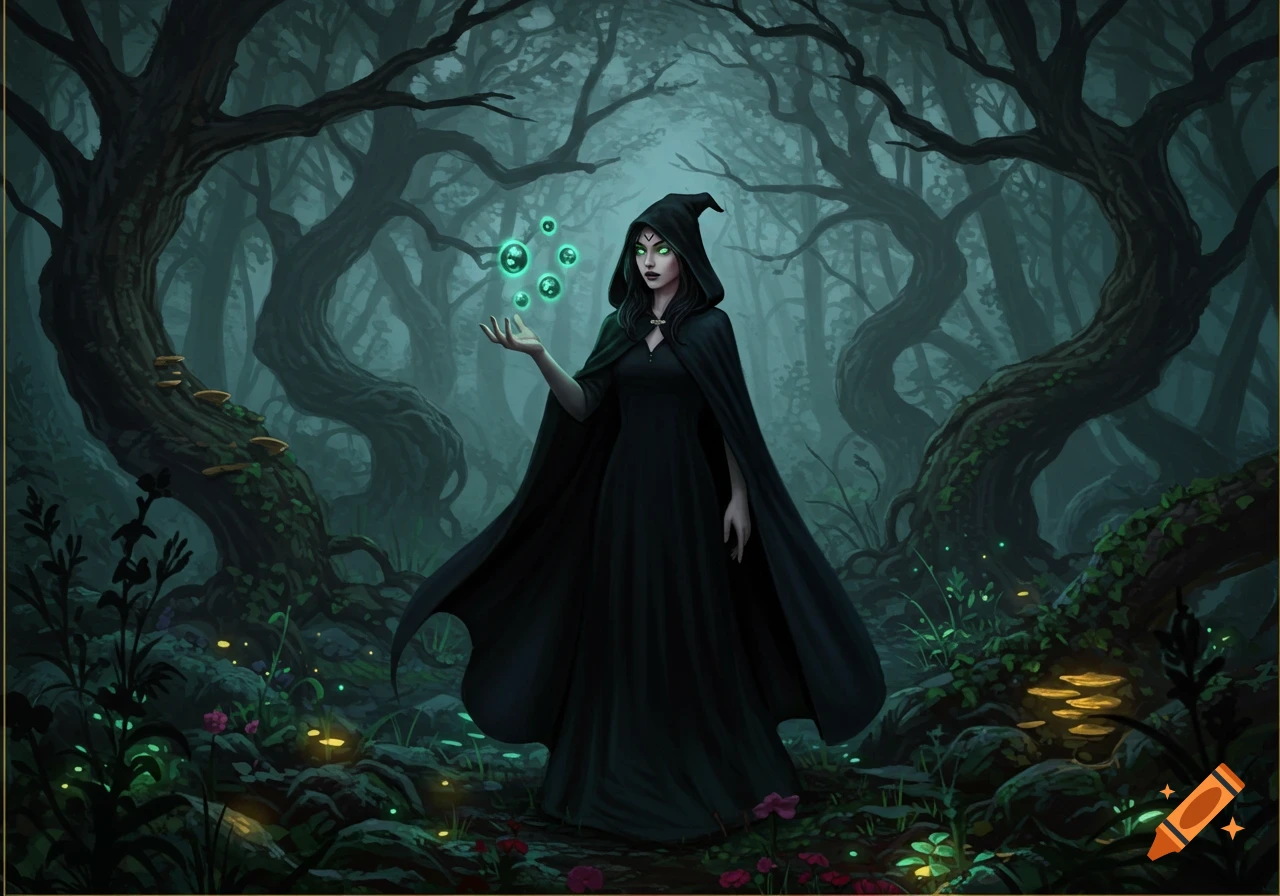 A mysterious witch in a dark hooded cloak stands in a spooky forest, holding glowing green orbs.