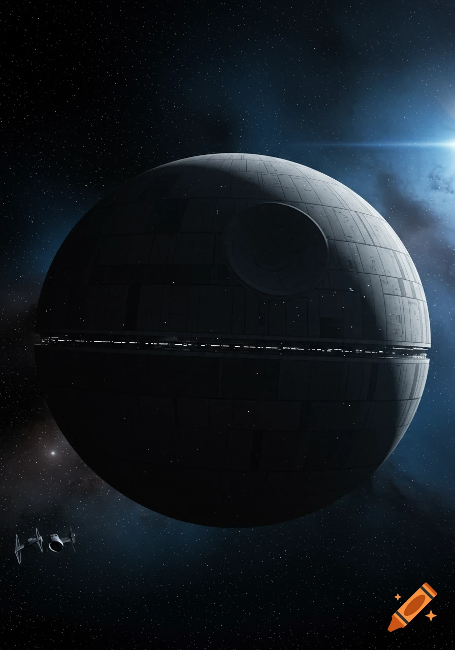 A dark, spherical Death Star looms in space with a TIE fighter flying near its surface, against a starry background.