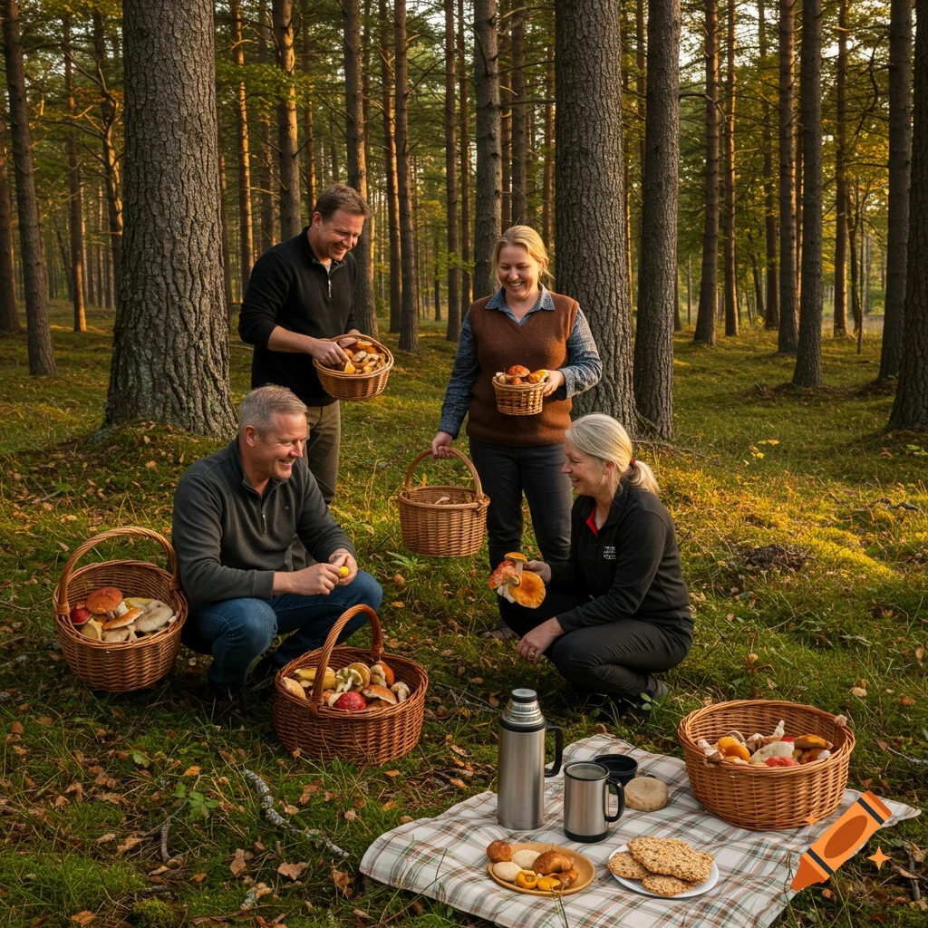 Four adults gather mushrooms in a sunlit forest, with picnic items on a checkered blanket. Photorealistic.