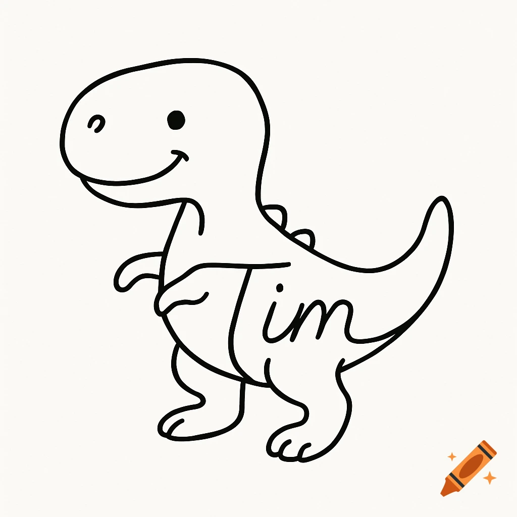 A cute, simple line art cartoon T-Rex with the name 'Tim' integrated into its body.