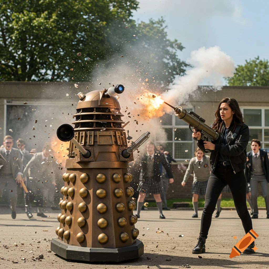 Photorealistic scene of a woman firing a bazooka at a Dalek in a school courtyard, causing an explosion.