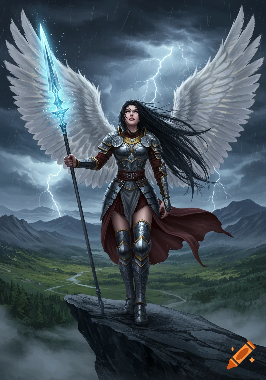 A warrior woman with long black hair, white wings, and armor stands on a cliff holding a glowing spear, stormy sky with lightning.