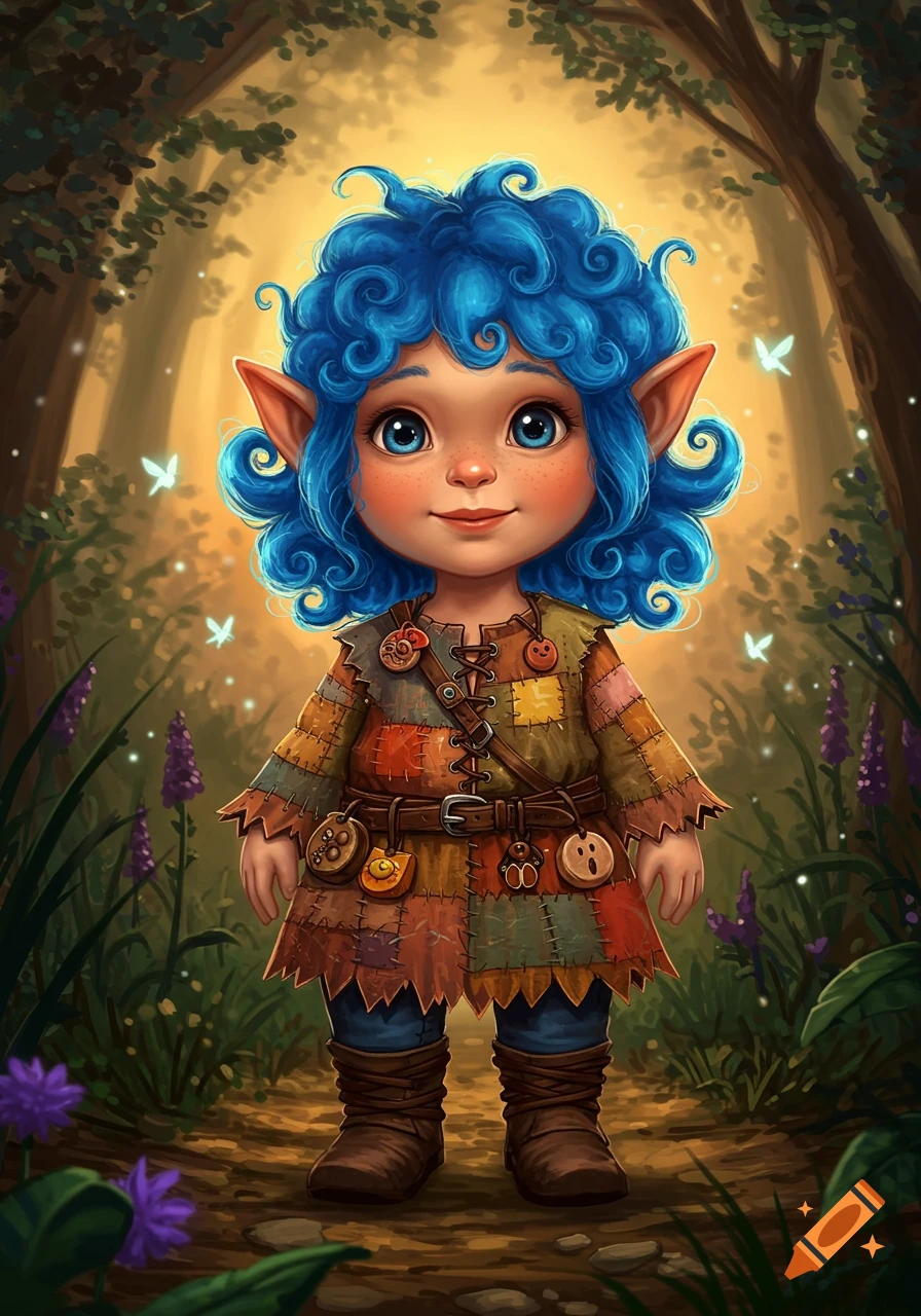 A whimsical blue-haired gnome with pointy ears and freckles, wearing a patched tunic, stands in a magical forest clearing with glowing butterflies, in a fantasy art style.