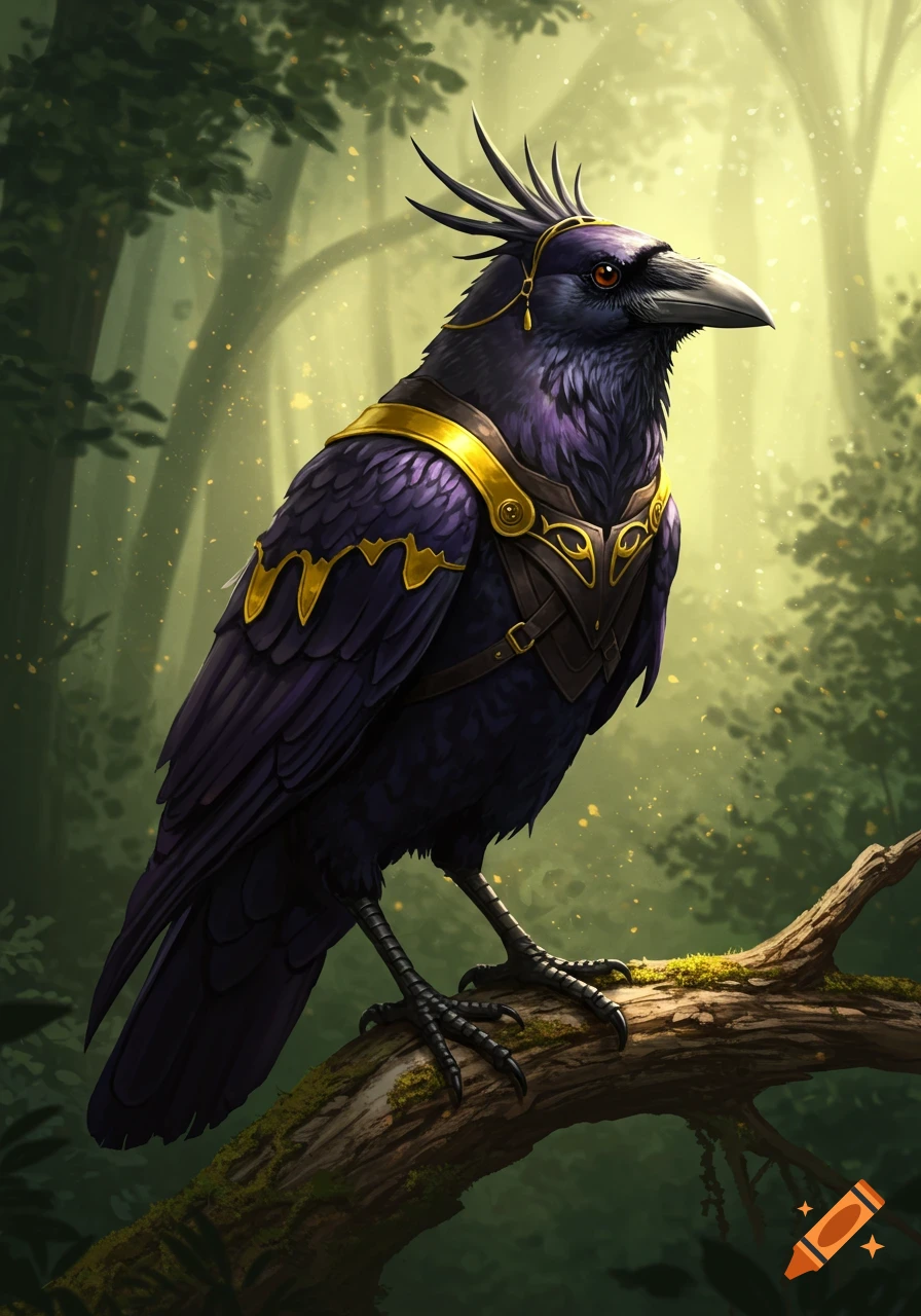 A dark purple fantasy raven wearing gold and leather armor perches on a mossy branch in a sunlit forest.