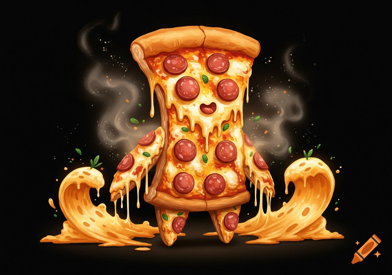 A cute, stylized cartoon pizza monster with pepperoni, melting cheese, and a happy face stands on a black background with steam and cheese waves.