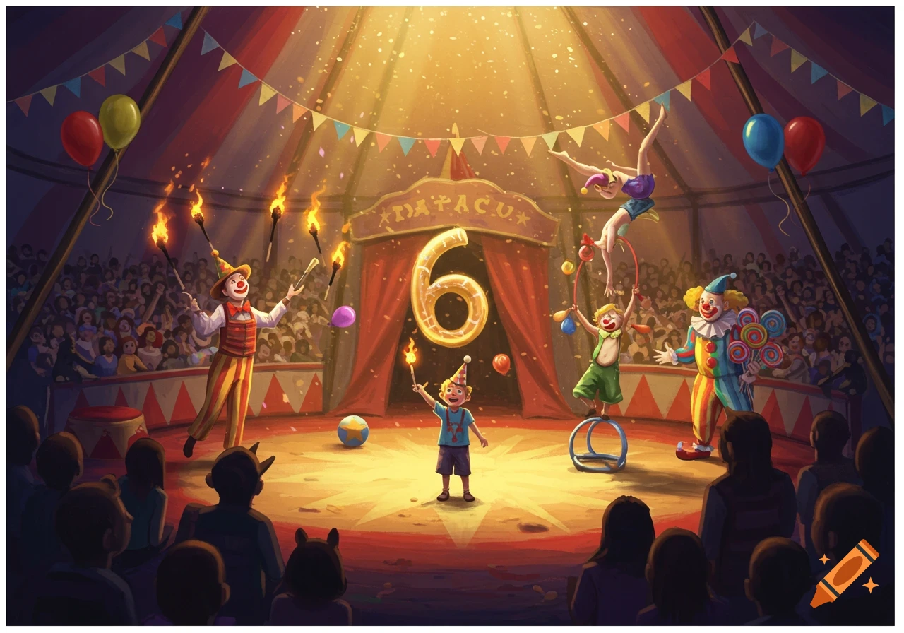 A lively circus scene with clowns, acrobats, a child with a sparkler, and a large '6' for a birthday celebration.