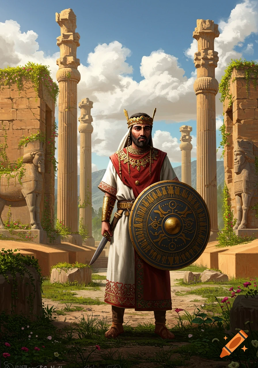 A bearded man in ancient Persian attire, with a sword and ornate shield, stands among lush Persepolis ruins under a blue sky.