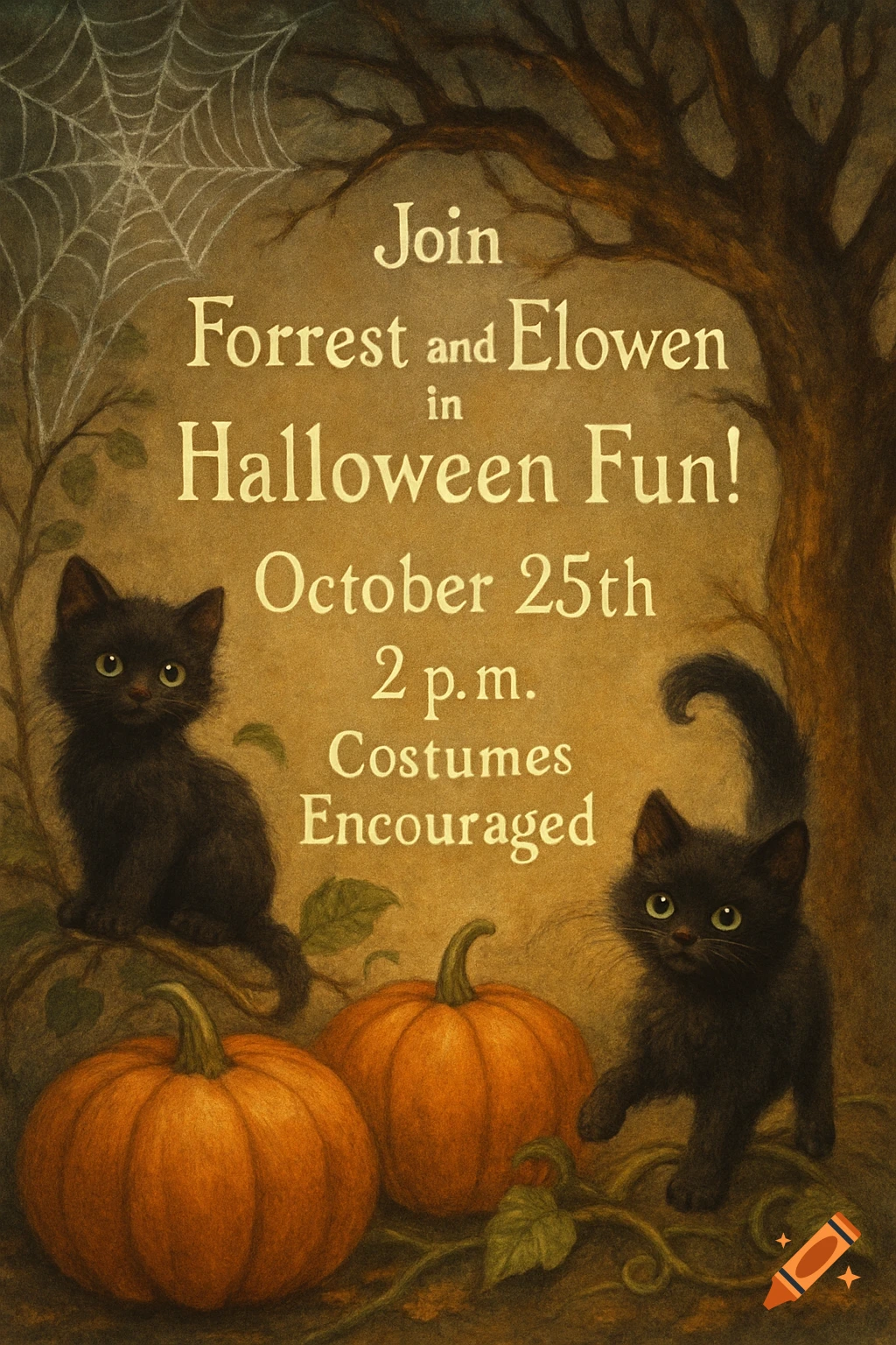 Vintage-style Halloween invitation with two black kittens, pumpkins, a spiderweb, and text for a party on October 25th.