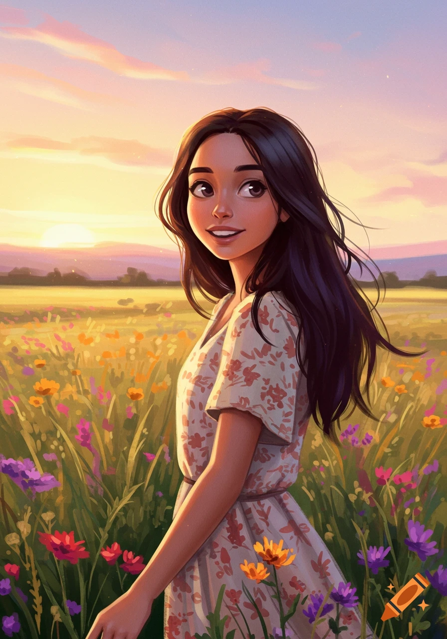A stylized illustration of a young woman with long dark hair, smiling and looking over her shoulder in a vibrant field of wildflowers at sunset.
