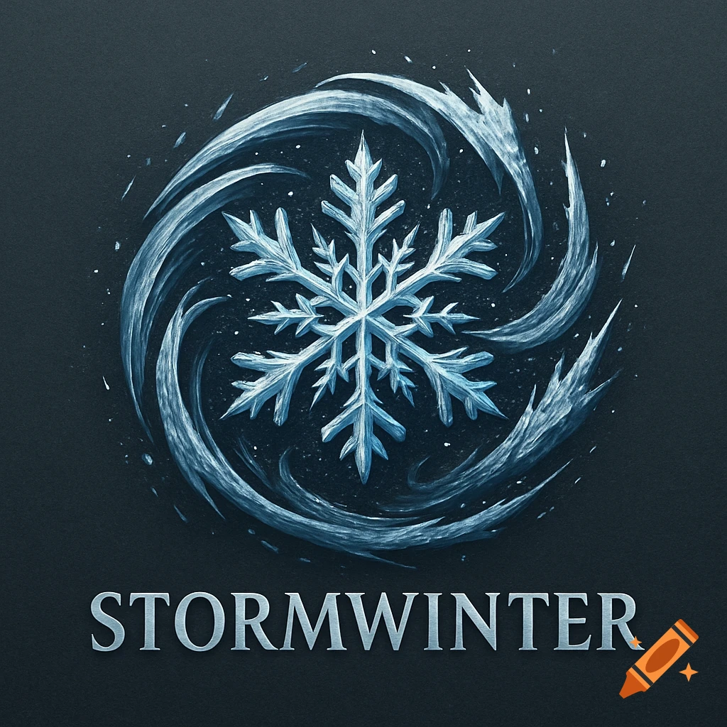 A stylized blue snowflake surrounded by swirling ice, with the word "STORMWINTER" below, on a dark textured background.
