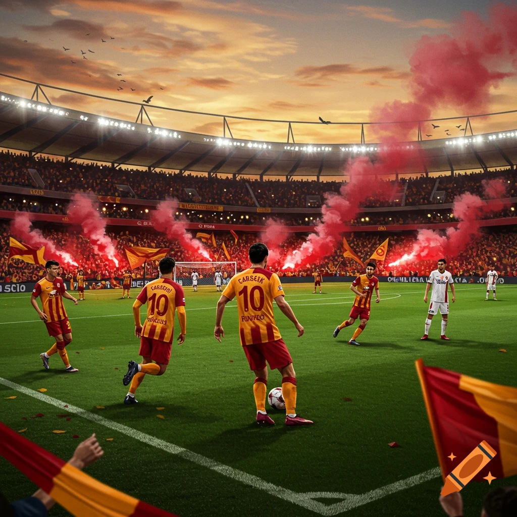 A vibrant photorealistic scene of a soccer match in a stadium at sunset, with players on the field and red smoke flares in the stands.