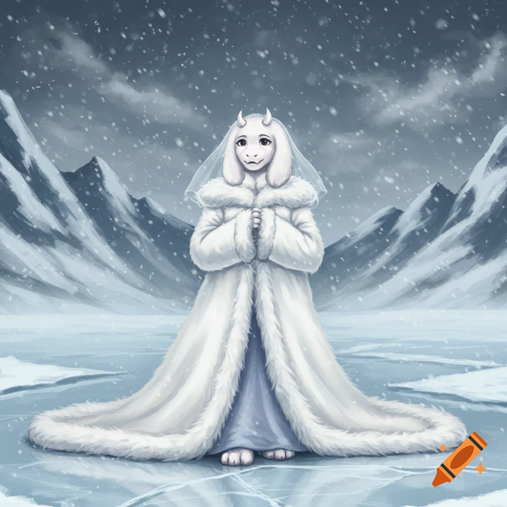 Toriel, a white goat-like character with horns, wears a long white fur coat and veil, standing on ice in a snowy mountain landscape.