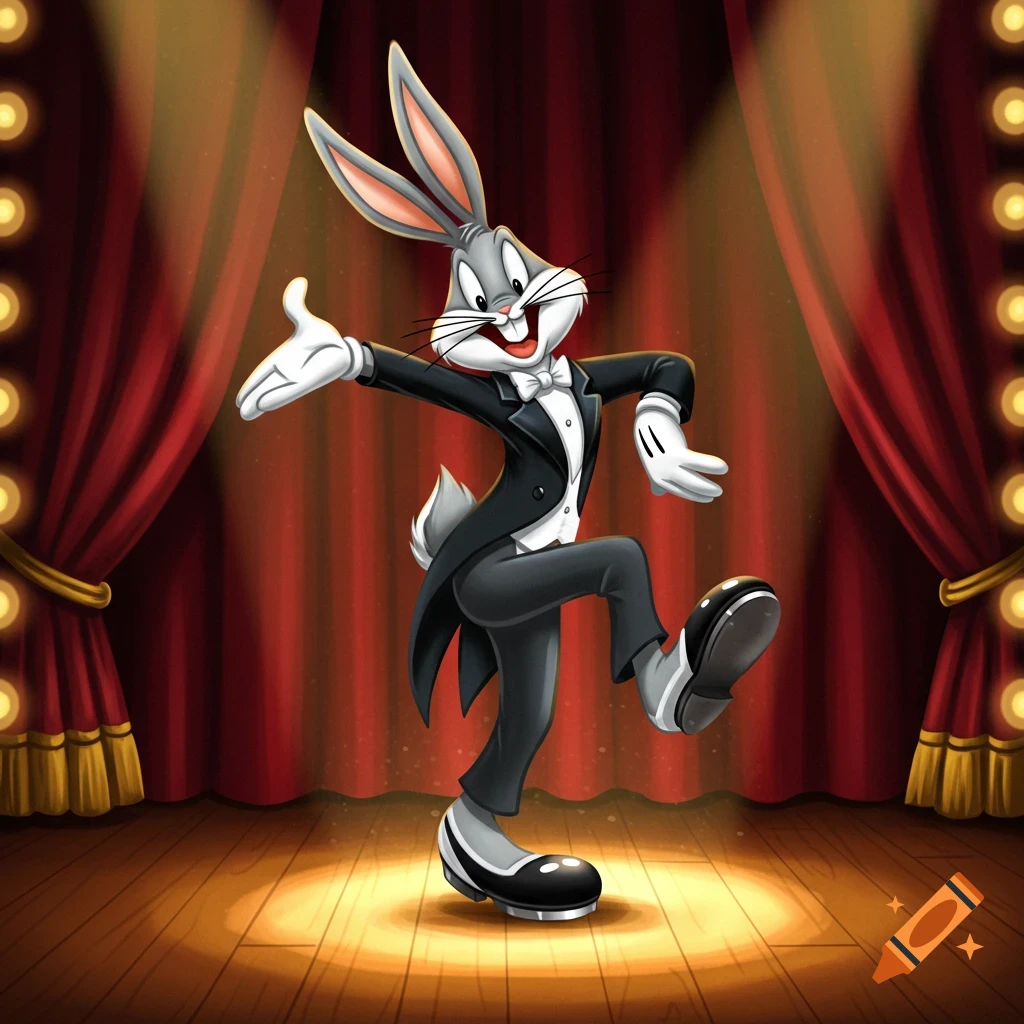 Bugs Bunny in a tuxedo tap dances on a spotlighted stage with red curtains in a cartoon illustration style.