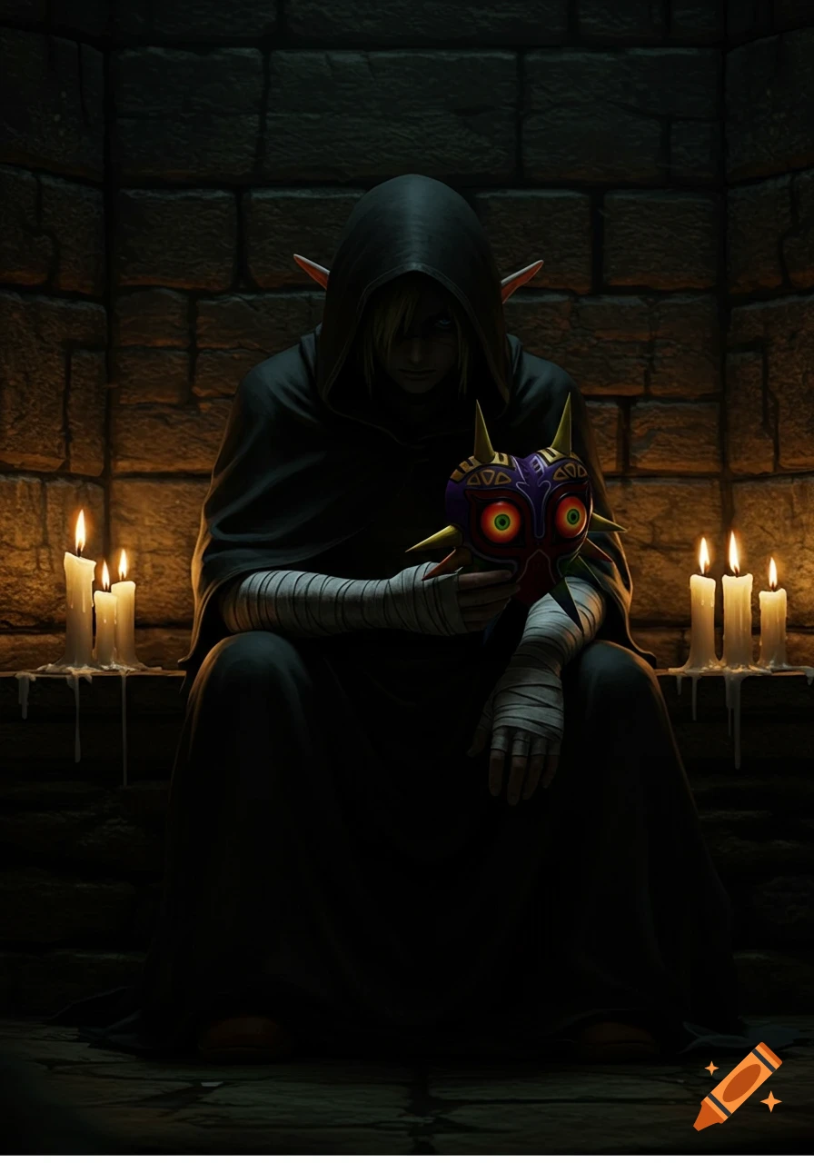 A dark robed hooded figure with blonde hair and pointed ears sits in a candlelit dungeon, holding Majora's Mask.