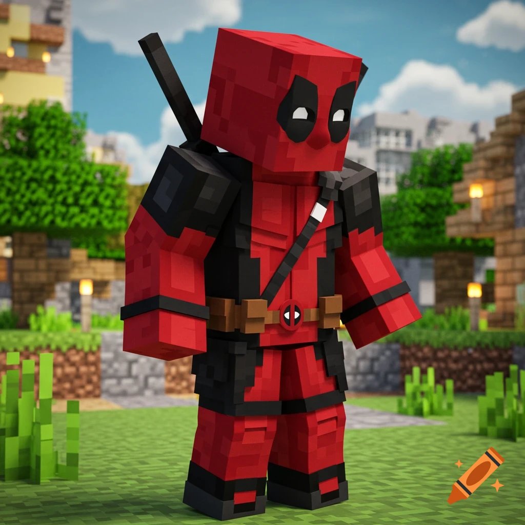 A Minecraft-style Deadpool character stands in a blocky outdoor landscape with trees and buildings.