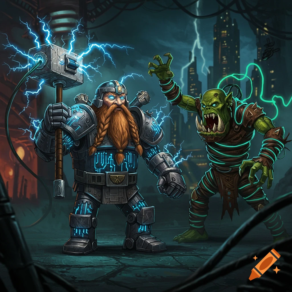 A stylized dwarf in cybernetic armor with a glowing hammer faces an orc-like creature wrapped in glowing cables, in a dark, stormy sci-fi city.